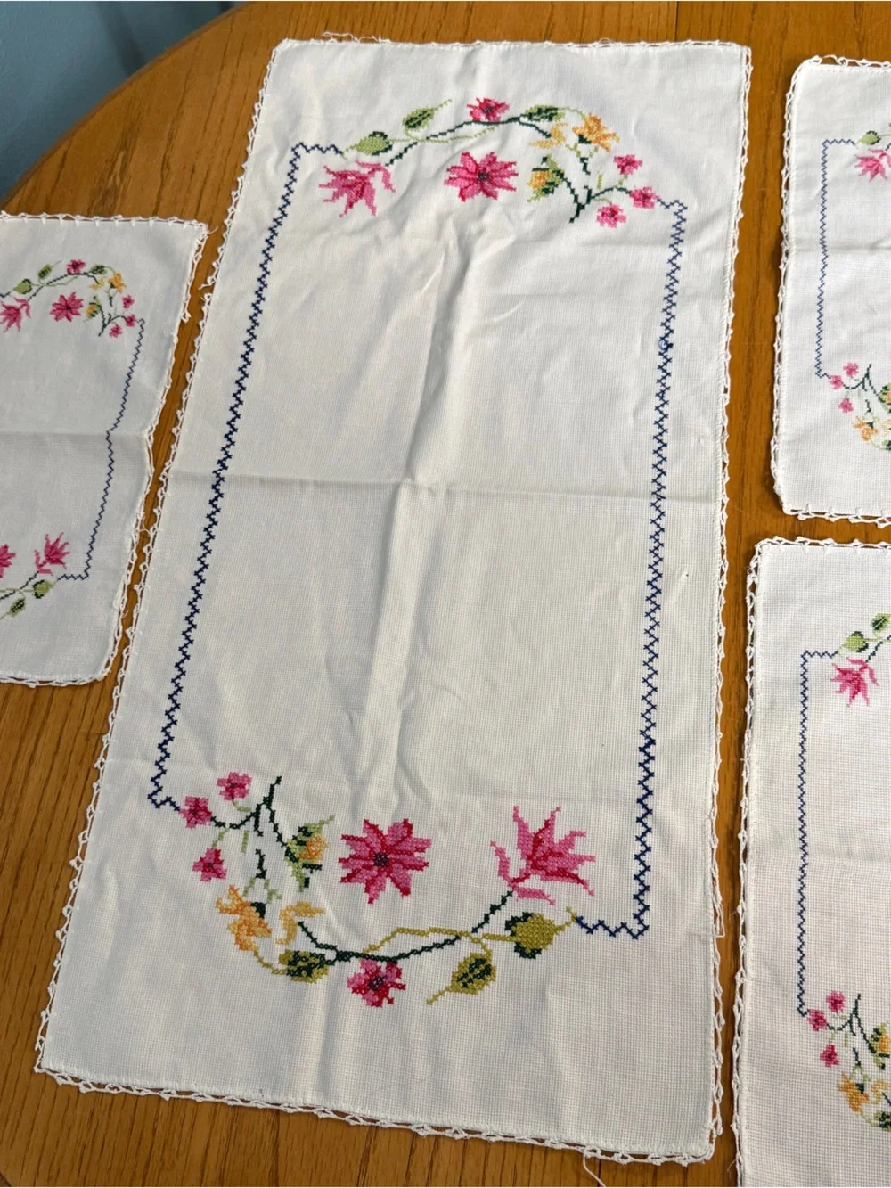 Vintage Floral Cross Stitch Dresser Scarf Vanity Mat Lot